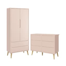Jogo de Quarto Infantil Theo Guarda Roupa 2 Portas e Cômoda 6 Gaveta Rosa Fosco com Pés Madeira Natural - Reller Móveis