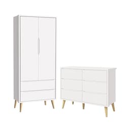 Jogo de Quarto Infantil Theo Guarda Roupa 2 Portas e Cômoda 6 Gavetas Branco Fosco com Pés Madeira Natural - Reller Móveis