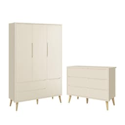 Jogo de Quarto Infantil Theo Guarda Roupa 3 Portas e Cômoda 6 Gavetas Areia Fosco com Pés Madeira Natural - Reller Móveis