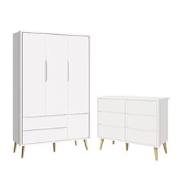 Jogo de Quarto Infantil Theo Guarda Roupa 3 Portas e Cômoda 6 Gavetas Branco Fosco com Pés Madeira Natural - Reller Móveis