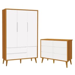 Jogo de Quarto Infantil Theo Guarda Roupa 3 Portas e Cômoda 6 Gavetas Branco/Savana com Pés Amadeirado - Reller Móveis