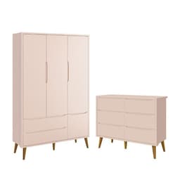 Jogo de Quarto Infantil Theo Guarda Roupa 3 Portas e Cômoda 6 Gavetas Rosa Fosco com Pés Amadeirado - Reller Móveis