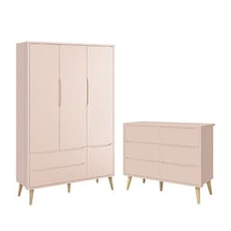 Jogo de Quarto Infantil Theo Guarda Roupa 3 Portas e Cômoda 6 Gavetas Rosa Fosco com Pés Madeira Natural - Reller Móveis