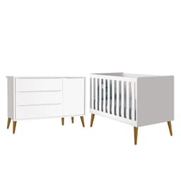 Jogo de Quarto Infantil Theo Retrô Cômoda 1 Porta e Berço Branco Fosco com Pés Amadeirado - Reller Móveis