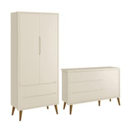 Jogo de Quarto Infantil Theo Retrô Guarda Roupa 2 Portas e Cômoda 1 Porta Areia Fosco com Pés Amadeirado - Reller Móveis