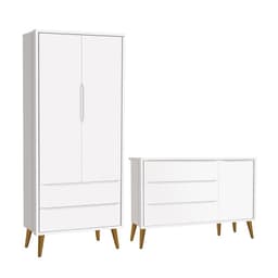 Jogo de Quarto Infantil Theo Retrô Guarda Roupa 2 Portas e Cômoda 1 Porta Branco Fosco com Pés Amadeirado - Reller Móveis