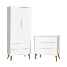 Jogo de Quarto Infantil Theo Retrô Guarda Roupa 2 Portas e Cômoda Branco Fosco com Pés Amadeirado - Reller Móveis