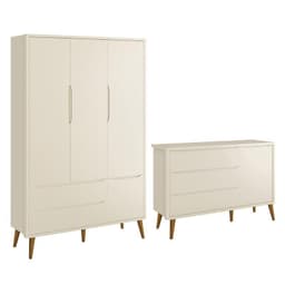 Jogo de Quarto Infantil Theo Retrô Guarda Roupa 3 Portas e Cômoda 1 Porta Areia Fosco com Pés Amadeirado - Reller Móveis