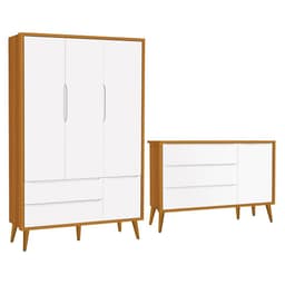Jogo de Quarto Infantil Theo Retrô Guarda Roupa 3 Portas e Cômoda 1 Porta com Branco/Savana Pés Amadeirado - Reller Móveis