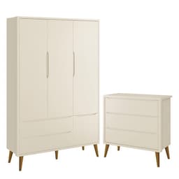Jogo de Quarto Infantil Theo Retrô Guarda Roupa 3 Portas e Cômoda Areia Fosco com Pés Amadeirado - Reller Móveis