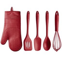 Jogo de Utensílios 5 Peças Talheres de Silicone Vermelhos e Luva Térmica Protetora