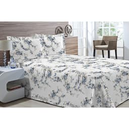 Kit Colcha Piquet Favo Casal Top Confort Branco com Floral Azul 3 peças Textil Lar