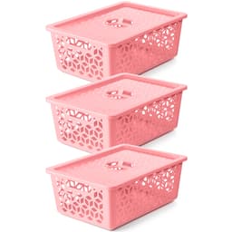 Kit 3 Caixas Organizadoras Grandes Empilháveis Com Tampas Alças Laterais UZ Rosa