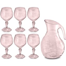 Kit Jarra 2,3L E 6 Taças 350ml Jogo De Refresco Tango Servir Água Suco Rosa Translúcido UZ