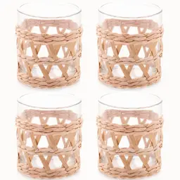 Conjunto 4 Copos de Vidro Wolff Baixos com Sisal 320ml Fibra Natural Mesa Posta Rústica