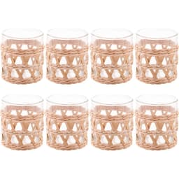Conjunto 8 Copos Baixos de Vidro Wolff com Sisal 320ml Decorados Fibra Natural Rústicos
