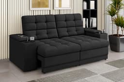 Sofá Confort Premium 2,05m Assento Retrátil/Reclinável porta copos e USB Suede Preto - XFlex Sofas