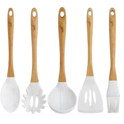 Conjunto 5 Talheres De Silicone Cabo Bambu Marmorizados Colher Soho