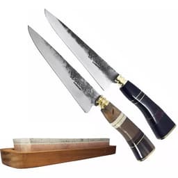 2 Facas Modelo Tesoura Nº7 Carbono Chifre e Pedra De Afiar