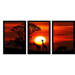 Quadro Por do Sol Africano Moldura Preta 3 Peças