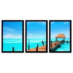 Quadro Praia 01 Moldura Preta 3 Peças