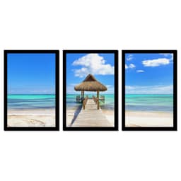 Quadro Praia 02 Moldura Preta 3 Peças