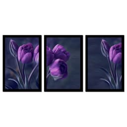 Quadro Tulipas Roxas Moldura Preta 3 Peças